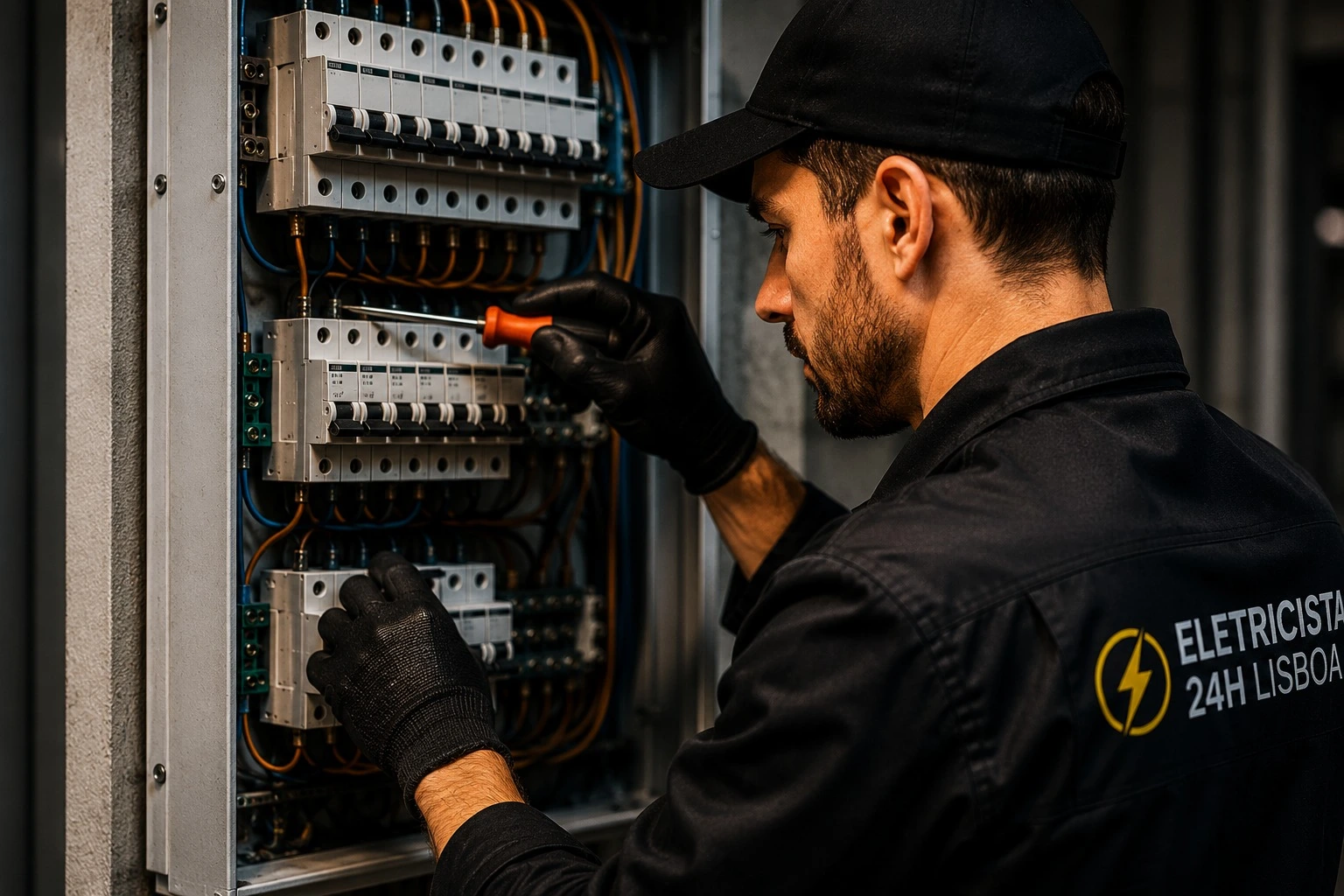 Eletricista profissional com capacete branco testando quadro elétrico